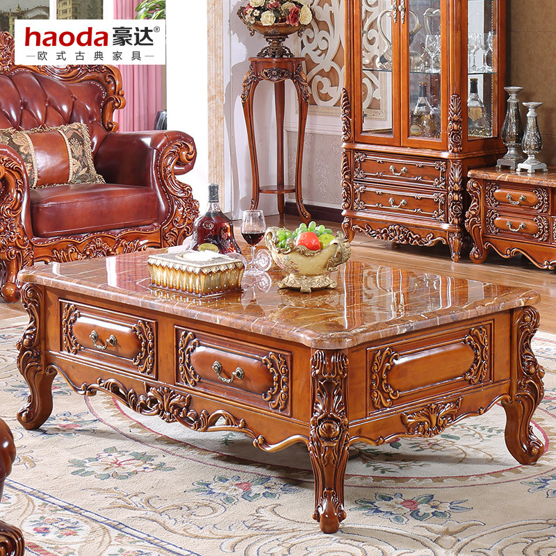 European-style tea table marble-faced TV cabinet combination retro made old living room 1.3m solid wood American tea machine table