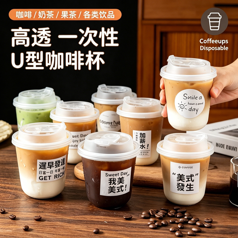 Disposable Coffee Cup, Milk Tea Cup with Lid, Plastic Transparent Beverage Cup, Thickened for Carrying and Takeout Packaging