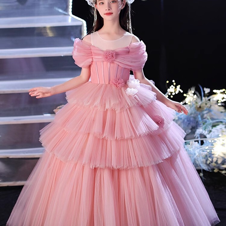 Girls' Dress, Princess Dress, Light Luxury Stage Catwalk, Piano Performance, Cake Tutu Skirt, Pink Kidsren's Performance Clothing, Summer