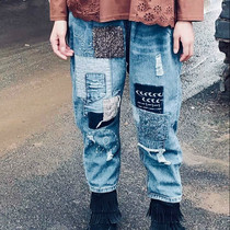 Sinking ~ Original literature and art fan retro beggar autumn and winter denim block handmade stitching loose casual pants