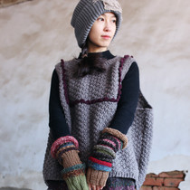 The past ~ design sense loose vest pure wool thread old embroidery style