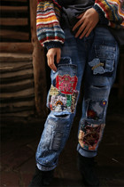 Flowers and Moon Conventions~Original Design Sense loose personality holes embroidered jeans