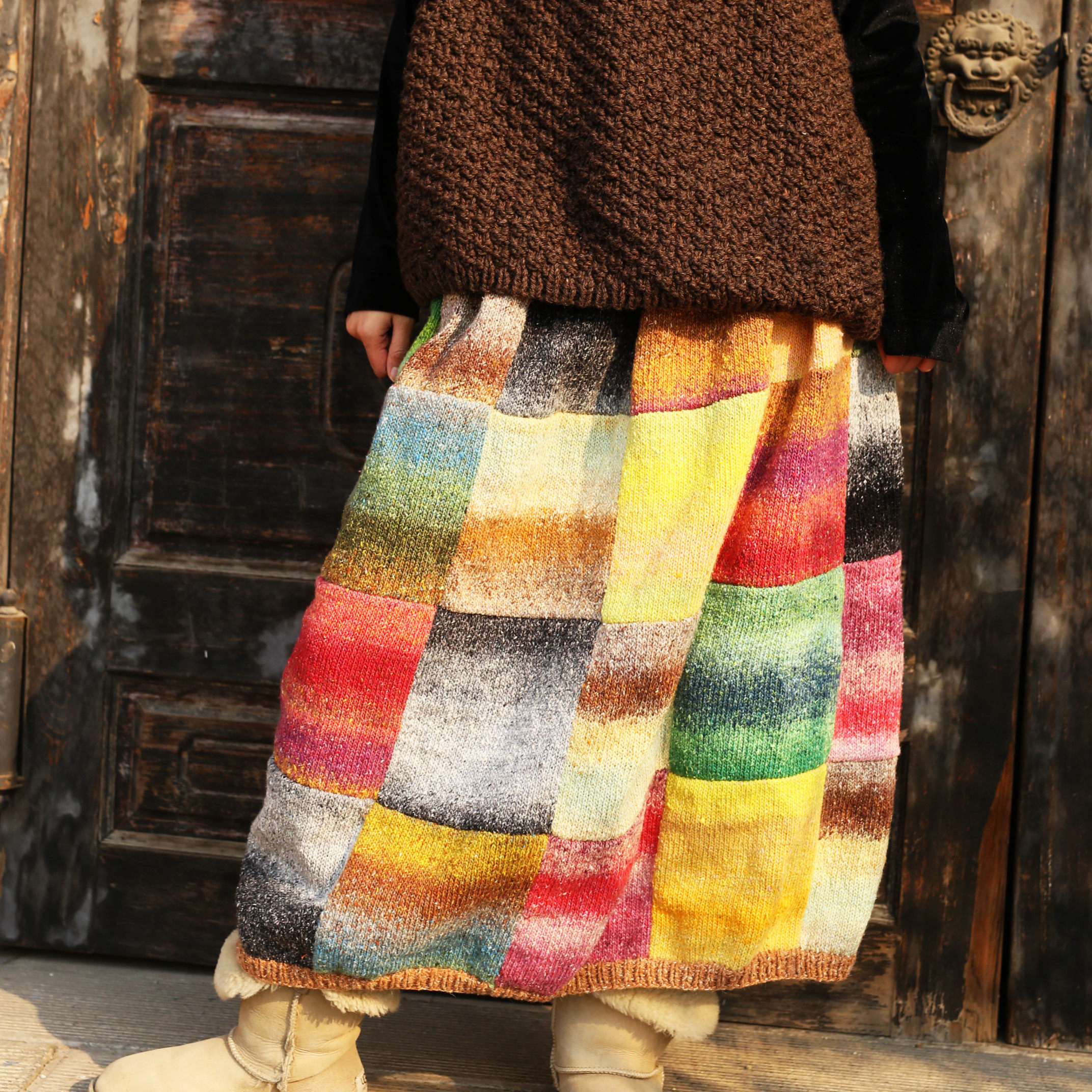 Furano's flower~original literary fan retro pure handmade cotton silk thread knitting color block skirt