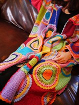 Happy New Year~Original literature and art fan retro pure hand-stitched block color woolen coat crochet robe