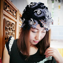 Fancy ancient ink original handmade pure linen crochet hollow irregular old embroidered classical female hat hair accessories