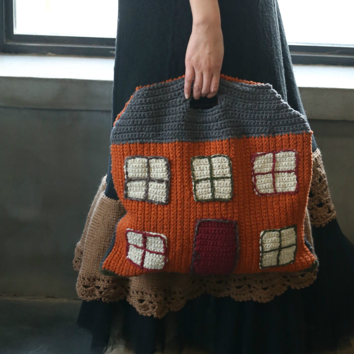 There is love to have a home ~ Japanese designer design Pure Handmade Knit House Bag bag Dual-side handbag