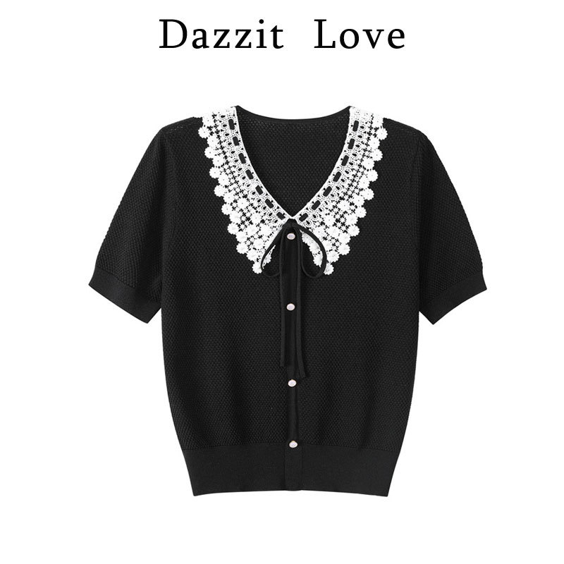 Black High-End Short-Sleeved Right Shoulder T-Shirt Women's Summer New Lace Splicing Polo Collar Short Slim Top