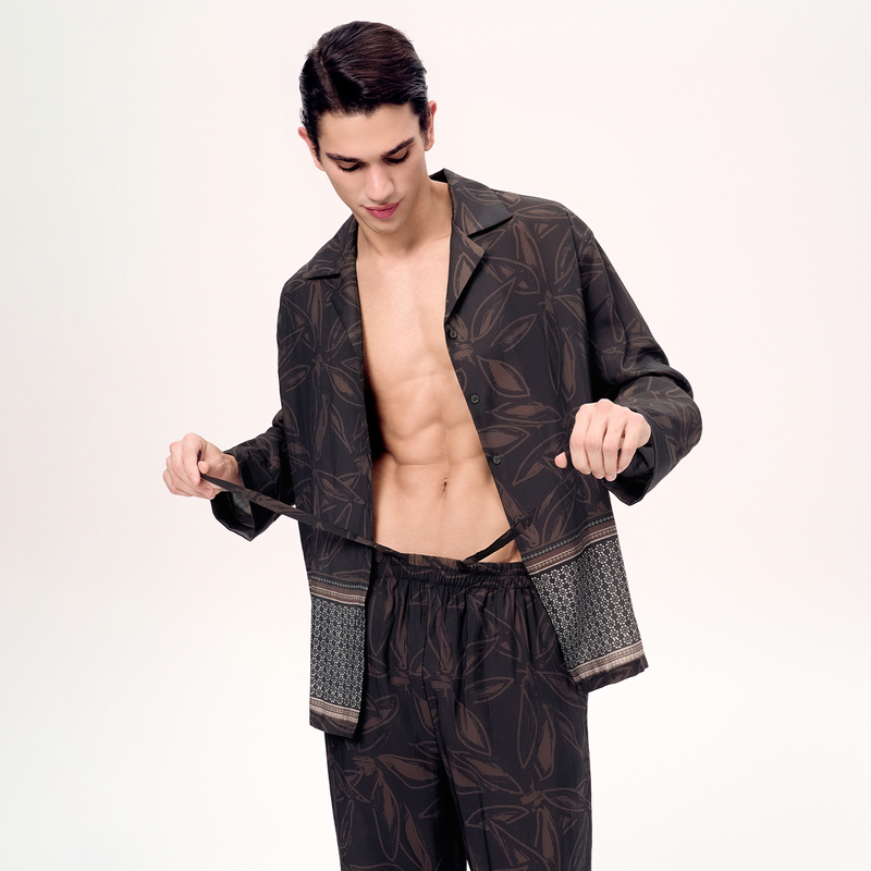 Essenfim Men's Pajamas Printed Shirt Collar Spring and Summer Suit Long-Sleeved High-End Positioning Can Be Worn Outside Home Clothes