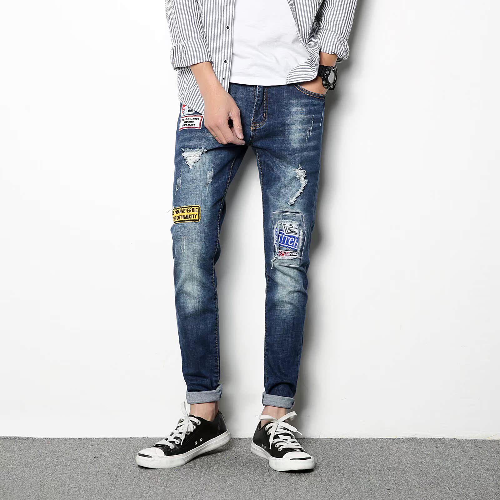 Men Male Casual Broken Jeans Pants Slim Fit Jeans Pants