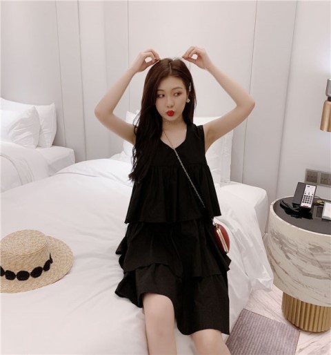 Thời trang mới của phụ nữ đơn giản, lớp bánh màu đơn giản hoang dã Thời trang giản dị V-cổ Váy chữ A váy ngắn thủy triều - A-Line Váy kiểu váy chữ a