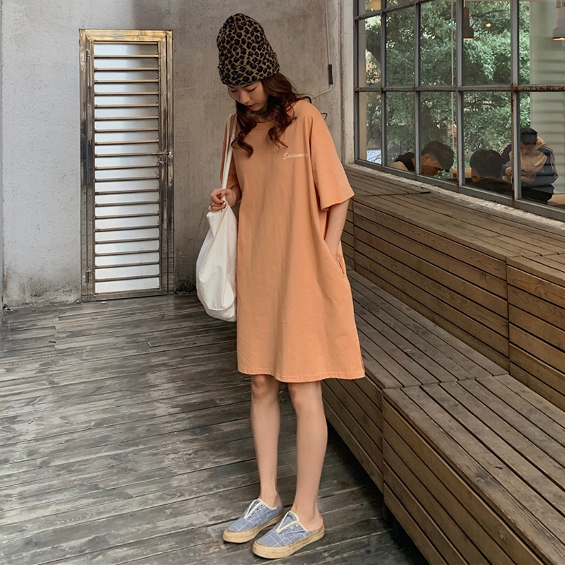 2026 Summer New Pocket Lazy Dress for Women, Mid-Length T-Shirt Short Sleeve Over-The-Knee Loose Slit Long Dress
