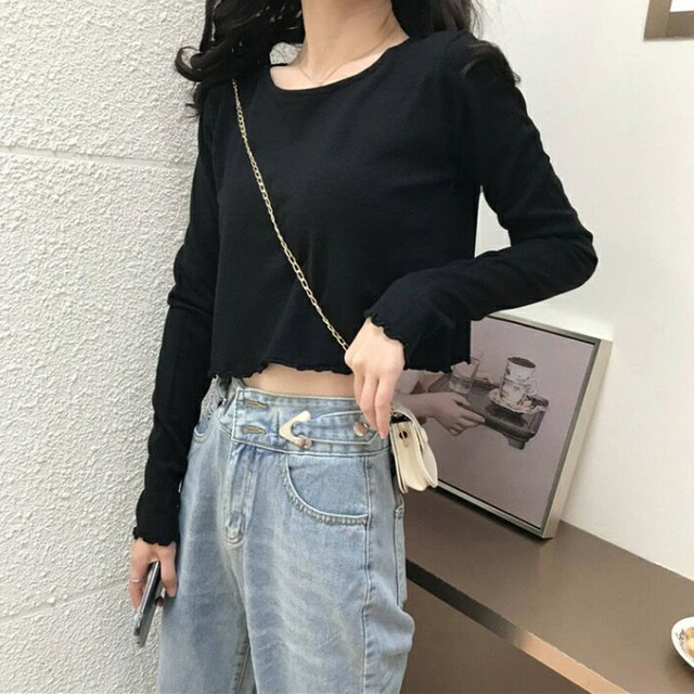 White T-shirt women's long-sleeved 2024 new spring, autumn and winter inner layering shirt, short navel-baring ear-hemmed top