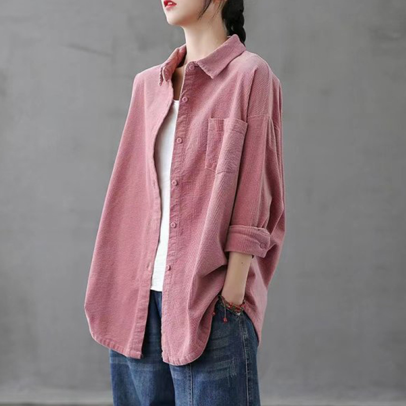 Corduroy Pink Shirt Jacket for Women 2026 Autumn New Plus Size Slimming Design Shirt Top