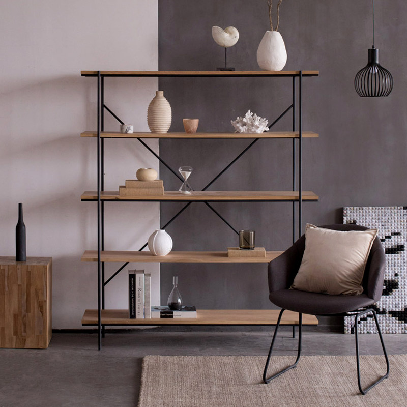 Nordic Multilayer Iron Art Shelf Living Room Creativity Ground Solid Wood Bookshelf Brief Industrial Wind Bookcase Office