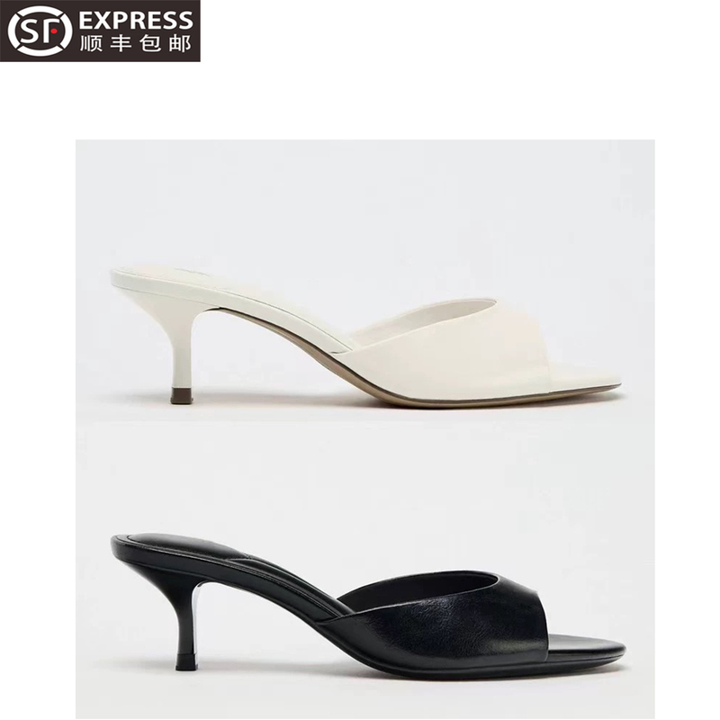 Za Women's Shoes 2025 Summer New Round-Toe Flat Low-Heeled Slippers Leather Simple Stiletto High-Heeled Sandals for Women