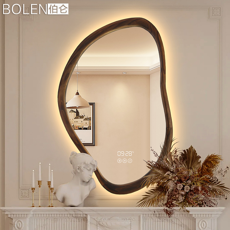 Bolen Solid Wood Irregular Smart Bathroom Mirror, Bathroom Mirror, American Retro Fireplace Mirror, Illuminated Entryway Mirror