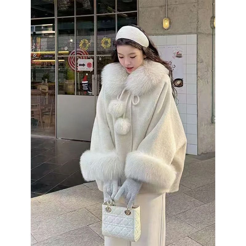Elegant Fur-Trimmed Cape Wool Coat for Women, Autumn and Winter, Lazy Style, Korean Drama Heroine Woolen Cuffs Fur Coat