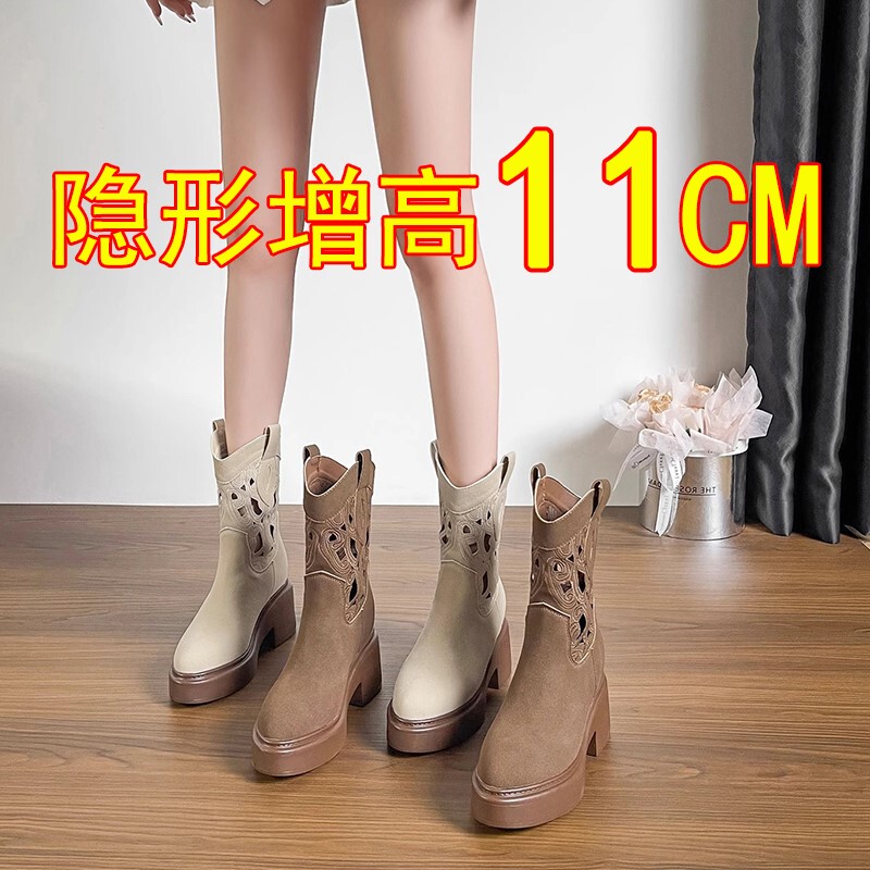 Embroidered Retro Western Boots for Women, 11cm Summer New Style, Thick-Soled High-Heeled Hollow Breathable Pointed-Toe Martin Boots for Petite Women