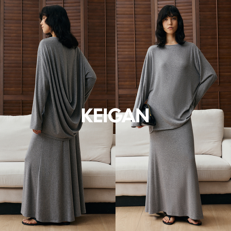 Loose/Extra Soft and Flowy Wool Lyocell Back-Draping Fashionable Relaxed T-Shirt Drawstring Skirt Set Loose/Extra Soft and Flowy Wool Lyocell Back-Draping Fashionable Relaxed T-Shirt Drawstring Skirt Set