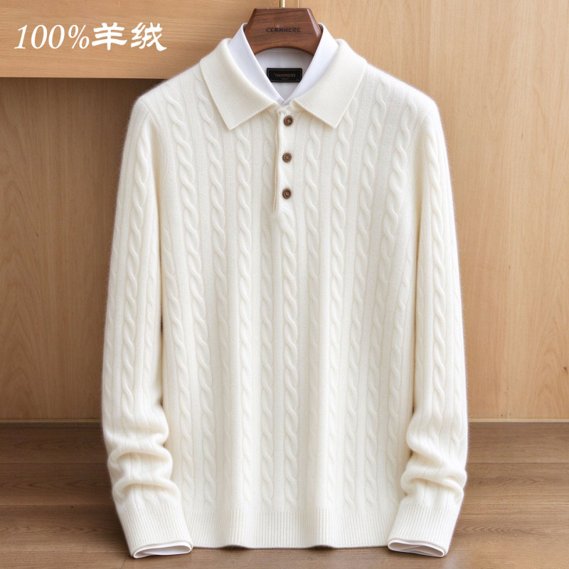 Hengyuanxiang 100% Cashmere Sweater for Men, Thickened Winter Warm Sweater, Cable Knit Long-Sleeve Polo Shirt, Old Money Style Hengyuanxiang 100% Cashmere Sweater for Men, Thickened Winter Warm Sweater, Cable Knit Long-Sleeve Polo Shirt, Old Money Style