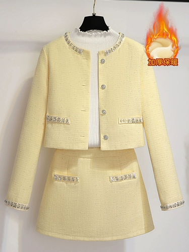 Желтый комплект, куртка, мини-юбка, в стиле Шанель, городской стиль, высокая талия