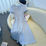 Синее летнее платье, длинная юбка, французский стиль, квадратный вырез, изысканный стиль