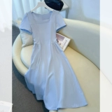 Синее летнее платье, длинная юбка, французский стиль, квадратный вырез, изысканный стиль