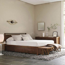 Nordic modern minimalist black walnut oak drawer high box pressure storage bed custom Japanese style full solid wood bed