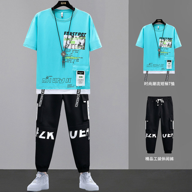 Short-sleeved T-shirt men's summer casual suit men's suit paired with handsome middle school and high school students' half-sleeved tops