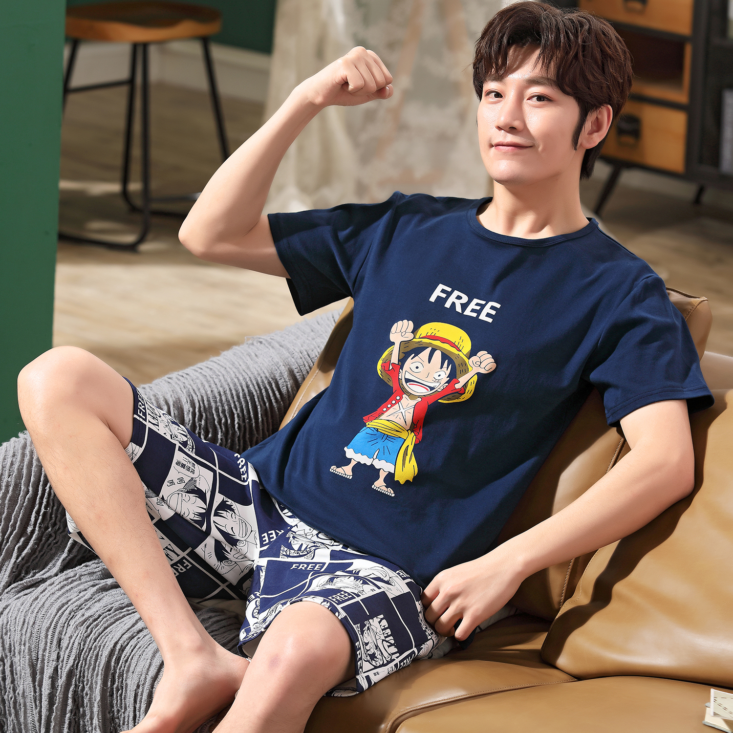 Men's pajamas summer pure cotton short-sleeved cartoon teen summer thin section student homewear Men's large size suit