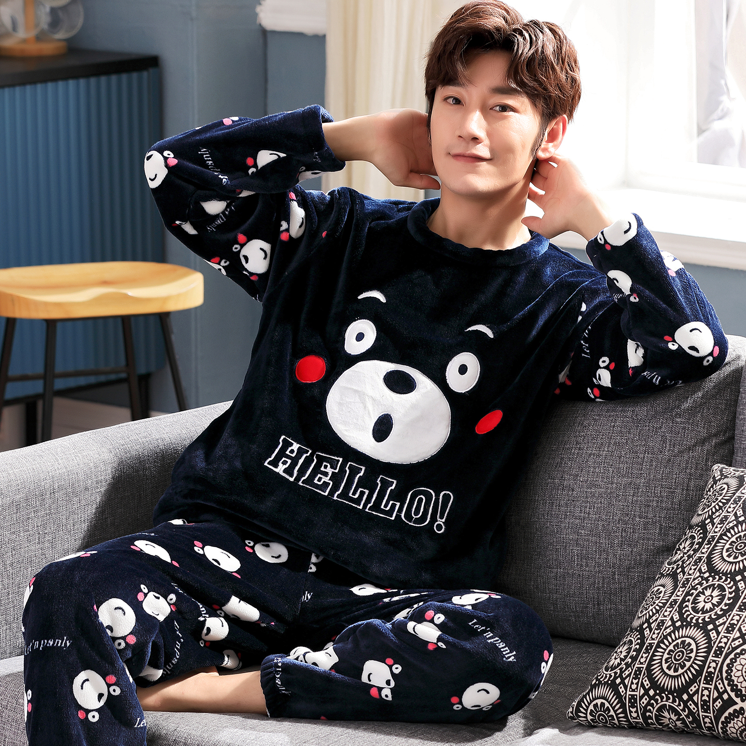 Men Sleeping Clothes Autumn Winter Style Winter Coral Suede Thickened Garnter Teen Student Cartoon Home Conserved Winter Suit