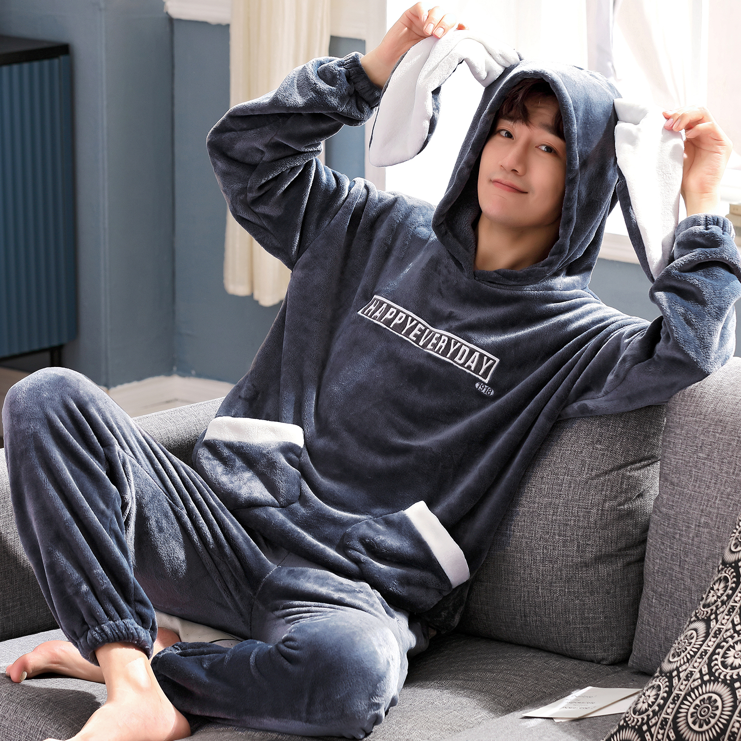 Men Sleeping Clothes Autumn Winter Coral Suede Thickened Garnter Teen Student Flannel Suede Home Suit Autumn Winter