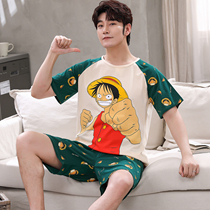 Spring Summer Season Short Sleeve Men Sleepwear Pure Cotton Thin Section Large Child Teen Student Home Conserved Up Code Cartoon Suit