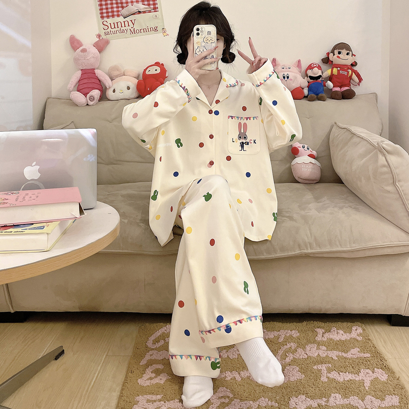 Pure Cotton Pajamas for Women, Spring and Autumn Style, Long-Sleeved, Sweet and Cute, for Teenagers and Students, Plus Size, Thin Style, Loungewear Pure Cotton Pajamas for Women, Spring and Autumn Style, Long-Sleeved, Sweet and Cute, for Teenagers and Students, Plus Size, Thin Style, Loungewear