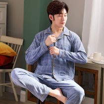 Spring and autumn mens cotton long sleeve pajamas autumn and winter cotton home clothes green middle-aged fattening plus size set