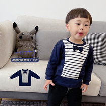 2022 Spring Fall New Children Long Sleeves Clothes Pure Cotton Middle And Children Splicing Stripes Collar Tie Blouse Baby T-Shirt