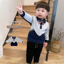 Middle and children splicing pure cotton long sleeve blouse with male baby gentleman turning thin and T-shirt children fashion casual clothes