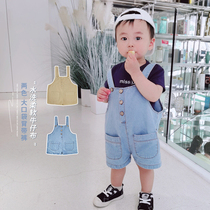 Summer new childrens bib boys denim casual shorts trendy fashion net red shake sound baby baby pants