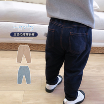 Children long pants pure cotton spring autumn pure color casual fashion Han version handsome 100 hitch boy baby foreign air elastic pants