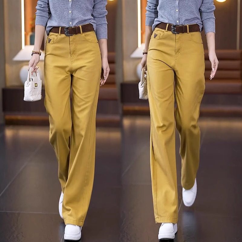 姜黄色窄版阔腿牛仔裤女2026春季新款高腰显瘦休闲宽松刺绣直筒裤