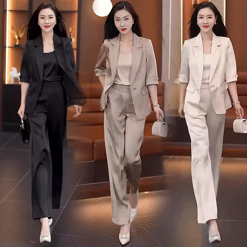 Drapey Wide-Leg Pants Suit for Women 2026 Spring and Summer New Style Elegant Casual Short-Sleeved Suit Fashionable Three-Piece Set Drapey Wide-Leg Pants Suit for Women 2026 Spring and Summer New Style Elegant Casual Short-Sleeved Suit Fashionable Three-Piece Set
