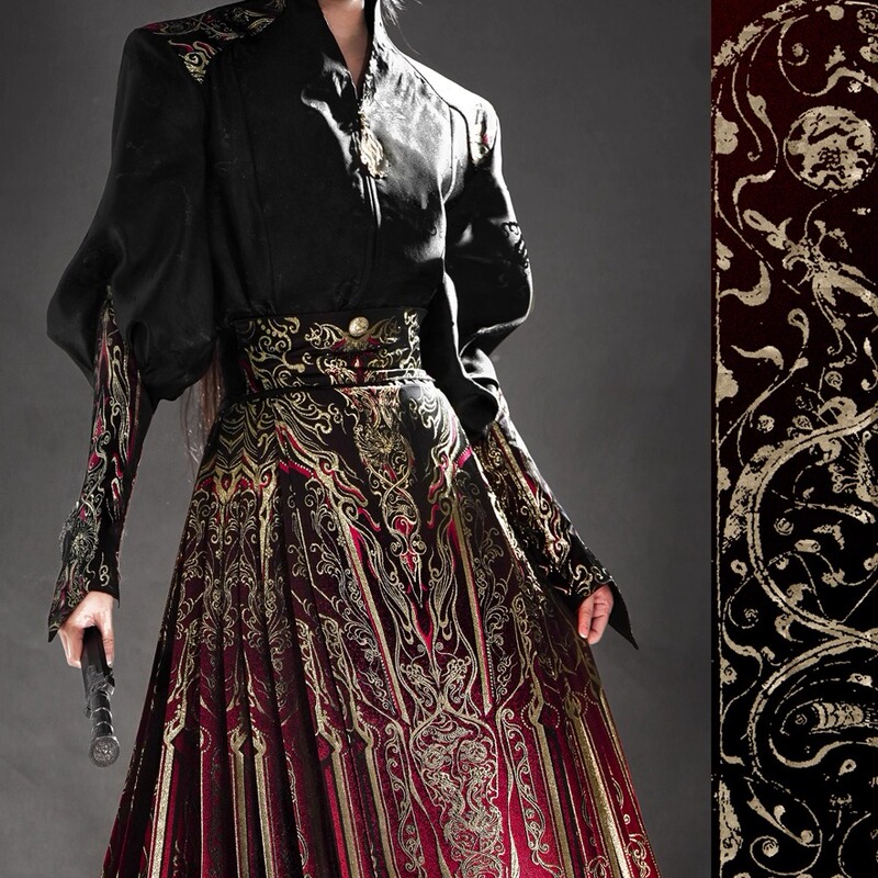 Fengyasi original "Kings, Princes, Generals and Ministers" red-and-gold brocade mamian (horse-face) skirt — Haihun Marquis Danglu-pattern cultural relic style