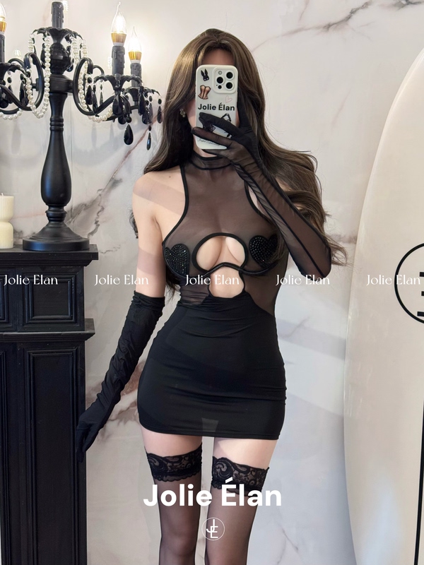 Jolieelan·Fishing-Themed Player·Sexy Mesh See-Through Heart-Shaped Rhinestone Abstinence-Style French Lingerie Set