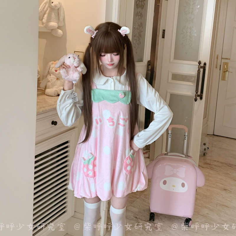 Original [Strawberry Bo Rabbit] Chai Huhu Girly Pink Series Cute and Sweet Strawberry Suspender Dress with Thermal Velvet Inner Layer