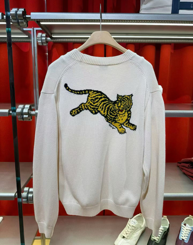 French Kenzo 26 Autumn and Winter New Men's Round-Neck Tiger Pattern Classic Fit Sweater Knitted Cardigan Jacket
