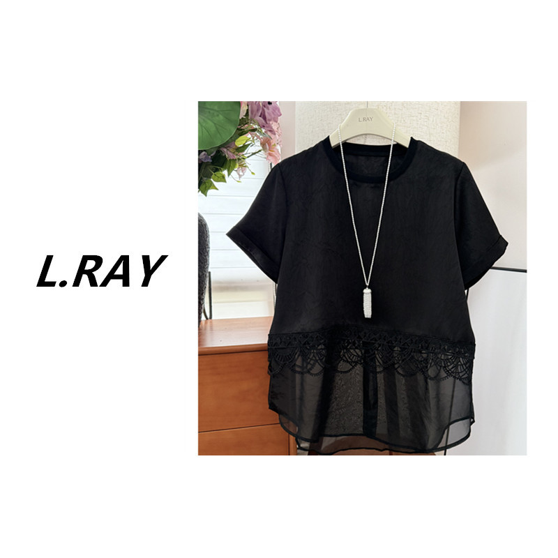 L.Ray-High-End European Goods 2026 Summer New Style Round Neck Black Acetate Mesh Lace Splicing Short-Sleeved T-Shirt for Women