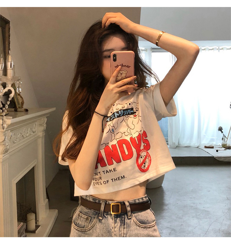 Short-Sleeved 2026 New Summer Cropped A-Line Top, Slim Fit, Slimming, Bear-Themed Internet Celebrity T-Shirt for Women ins Super Popular Short-Sleeved 2026 New Summer Cropped A-Line Top, Slim Fit, Slimming, Bear-Themed Internet Celebrity T-Shirt for Women ins Super Popular