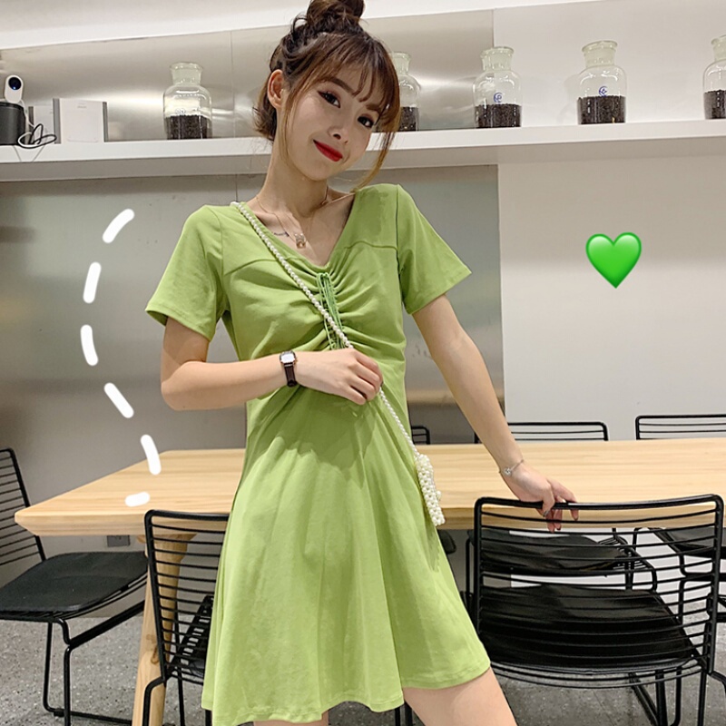 Summer 2026 Trendy Dress Student Fresh Style Matcha Green Loose Waist-Slimming Avocado Green Dress for Women