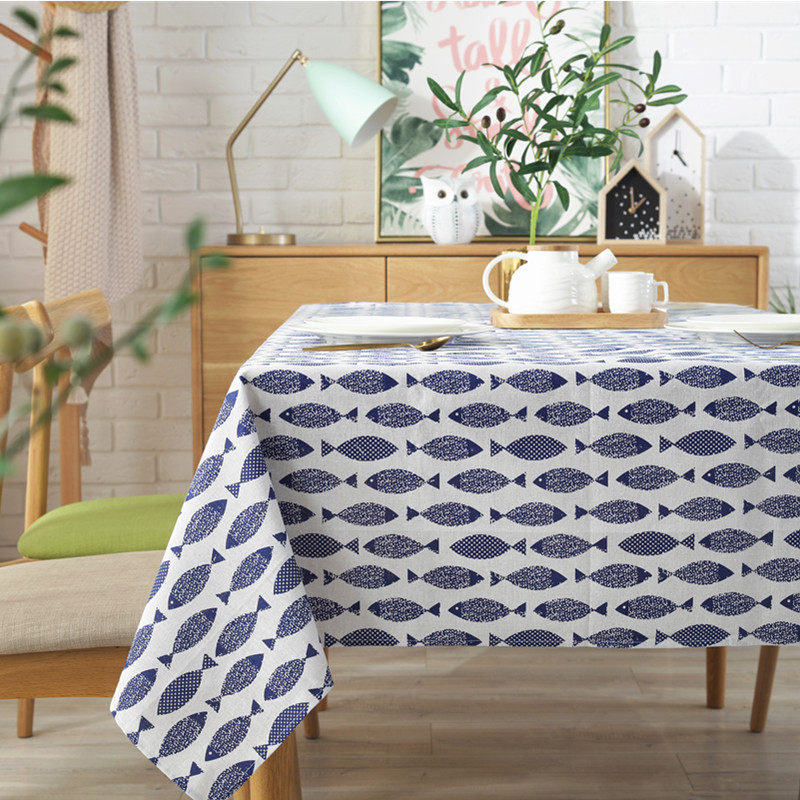 Day-style minimalist blue small fish cotton linen table cloth Classical Tea Daub coffee table Cloth Room Table Cloth Photographic Cloth
