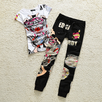 Personality Print Old Tiger Head Casual Suit Womens Summer Sportswear Fashion T-shirt Long Pants Punk Wind Two Sets Tide